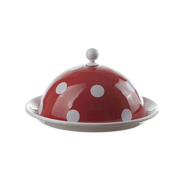Butter dish, 2 parts, 20 cm, red/white, polka dots