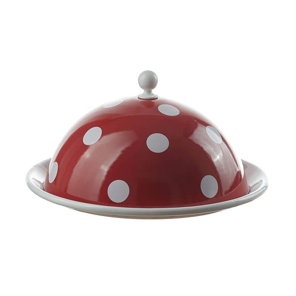 Cheese dome, 2 parts, 22 cm, red/white, polka dots