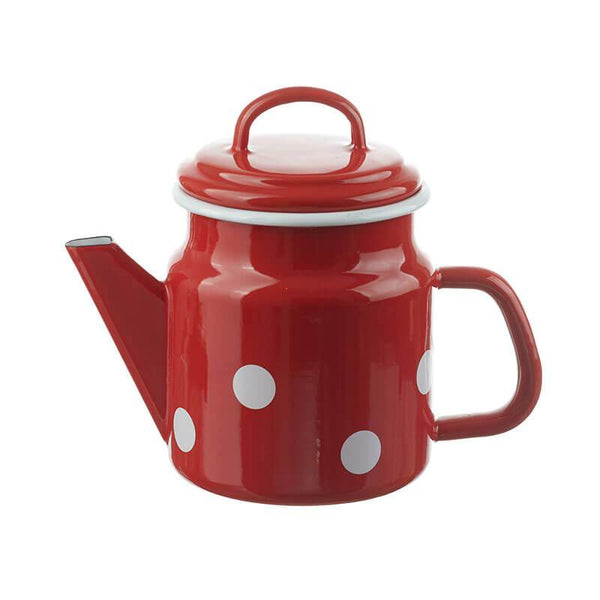 Teapot 1 liter, red/white, polka dots