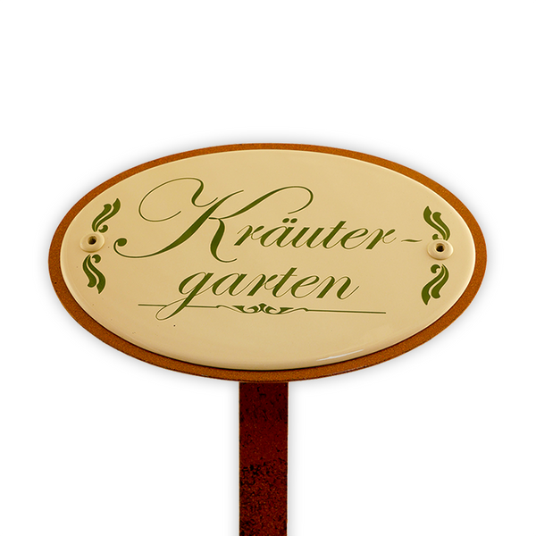 Oval enamel sign, 15 x 10 cm, herb garden with ground spike 50 cm