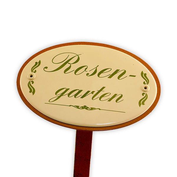 Emailschild oval, 15 x 10 cm, Rosengarten mit Erdspieß 50 cm