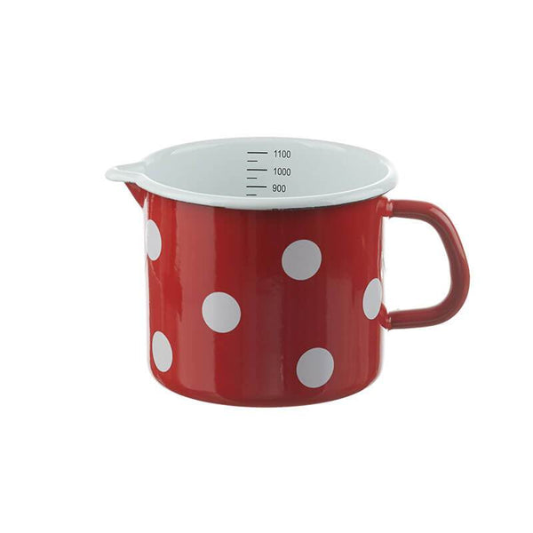 Milk pot 1 liter. with scale, red/white, polka dots
