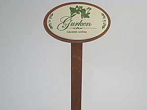 Oval enamel sign, 10.5 x 7 cm, vegetable names with ground spike 30 cm