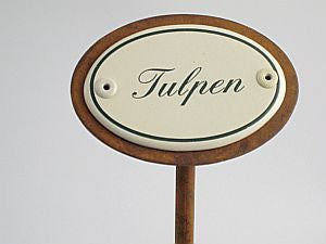 Oval enamel sign, 6 x 4 cm, flower name with ground spike 25 cm